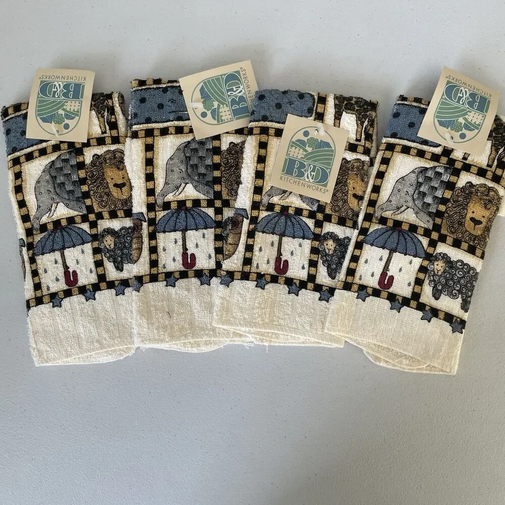 Vintage B&D Kitchenworks Hand Towels Lot 90's Noah's Arc Graphic 100% Cotton